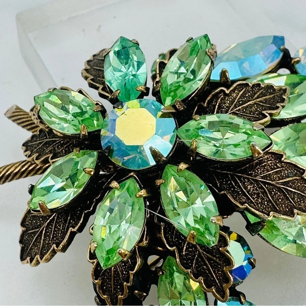 Vintage Signed Regency Brooch Pin Green Blue AB Navette Rhinestone Rare 50s 60s